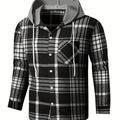 Men's Plaid Shirt Jacket with Hood - Black/White/Gray Tartan Pattern, Collar & Chest Pocket - Winter Warm Coat, Button-Front Blazer for Casual & Smart-Casual Wear (Non-Stretch Woven Fabric)