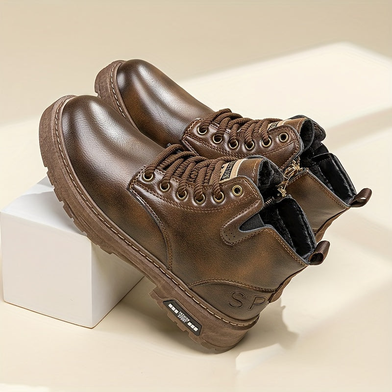 Men's Vintage Cool Lace Up Boots With Side Zipper, Wear-resistant Non-slip Boots For All Seasons