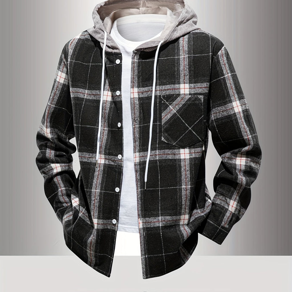 Men's Plaid Hooded Jacket with Shirt Collar & Button Front - Beige/Brown/Black/White Tartan Pattern, Chest Pocket, Non-Stretch Fabric - Casual Winter Coat for Fall & Winter Layering (Plaid Shirt Jacket)