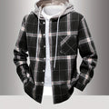 Men's Plaid Hooded Jacket with Shirt Collar & Button Front - Beige/Brown/Black/White Tartan Pattern, Chest Pocket, Non-Stretch Fabric - Casual Winter Coat for Fall & Winter Layering (Plaid Shirt Jacket)