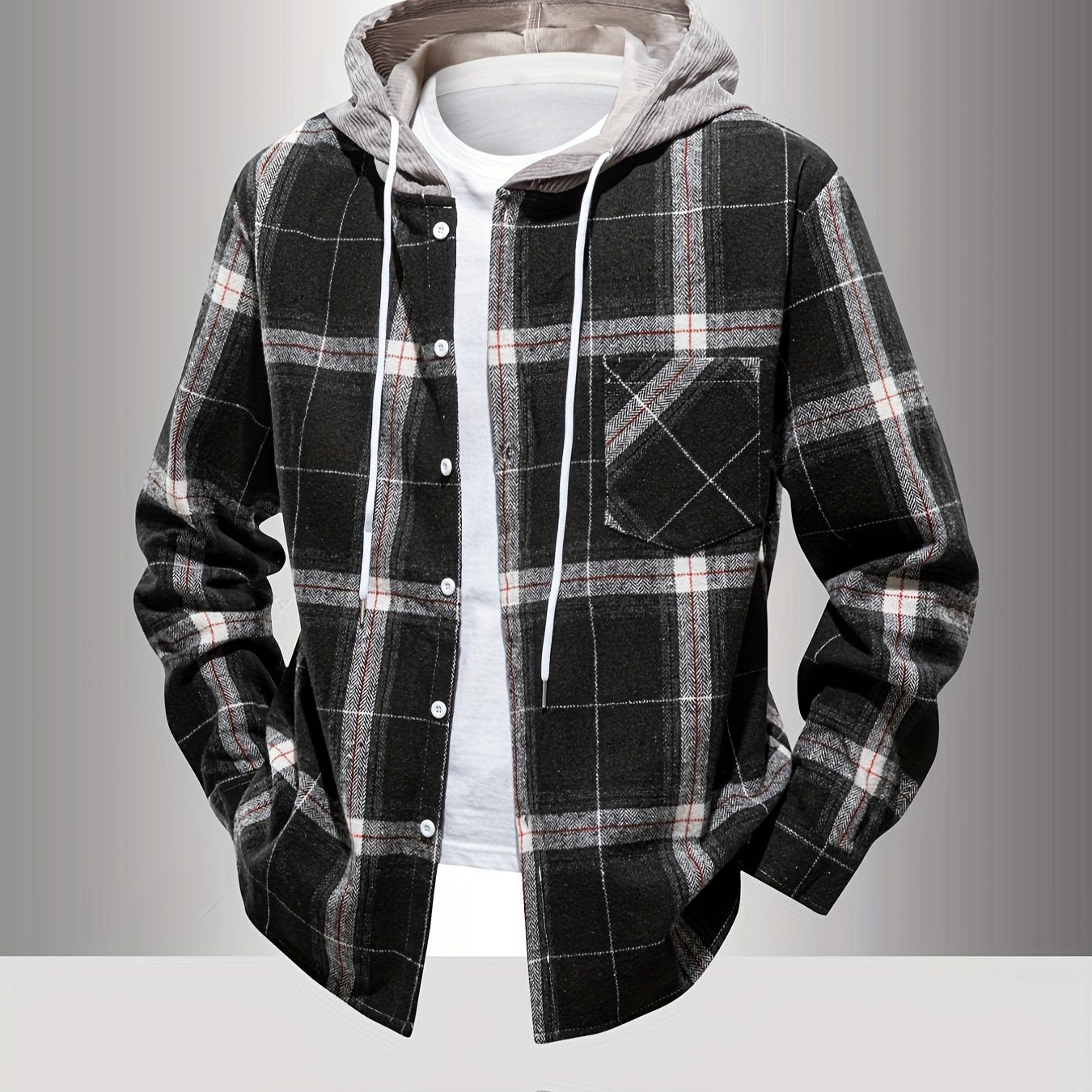 Men's Plaid Hooded Jacket with Shirt Collar & Button Front - Beige/Brown/Black/White Tartan Pattern, Chest Pocket, Non-Stretch Fabric - Casual Winter Coat for Fall & Winter Layering (Plaid Shirt Jacket)
