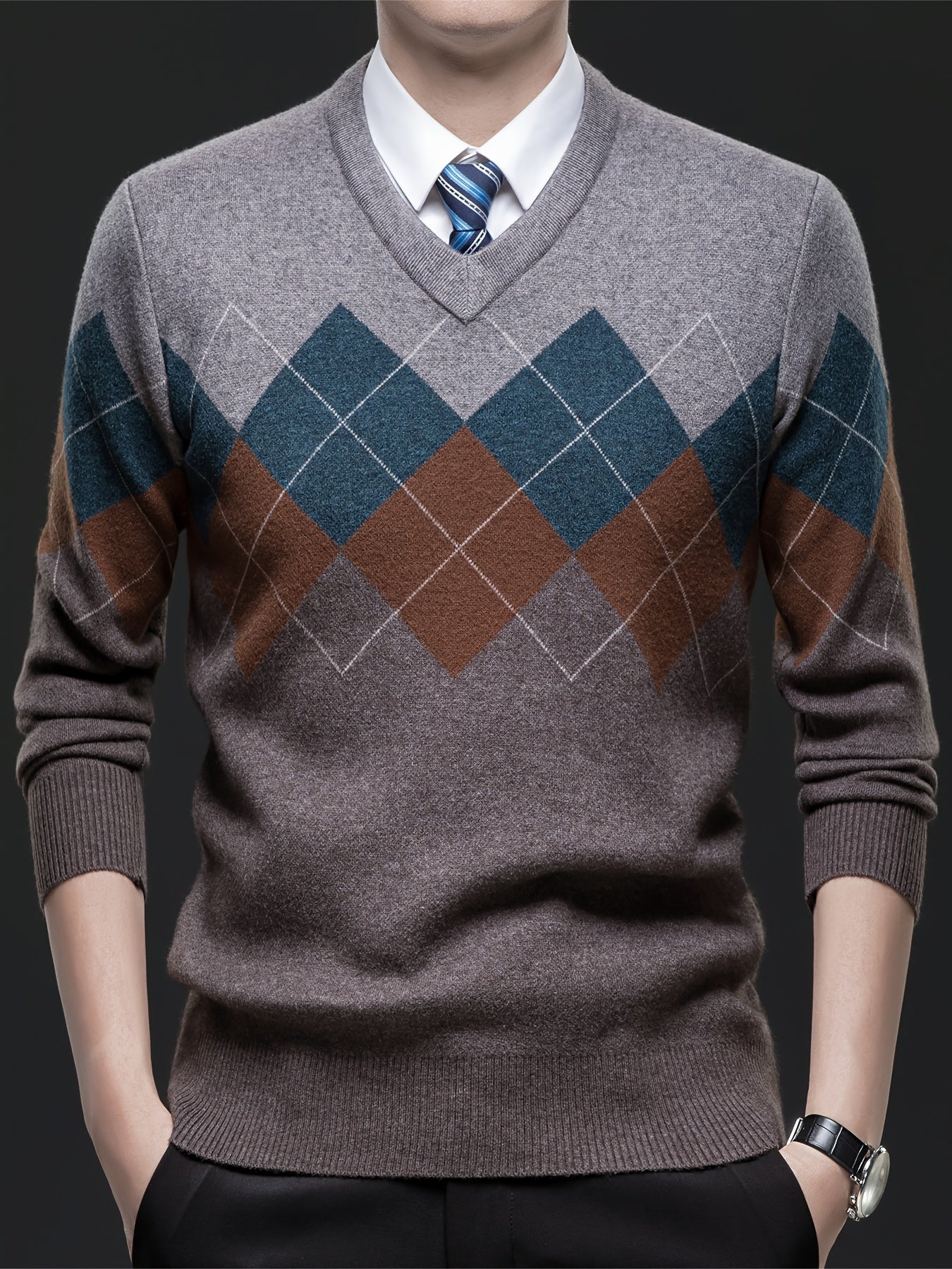 Men'S Classic V-Neck Sweater - Thick Warm Winter Knit Sweater with Geometric Pattern, Long Sleeve Regular Fit for Casual Business & Sports, Fall Winter Warmth, Sweater Vest, Business Casual Wear, Vneck Design, Durable Knitwea