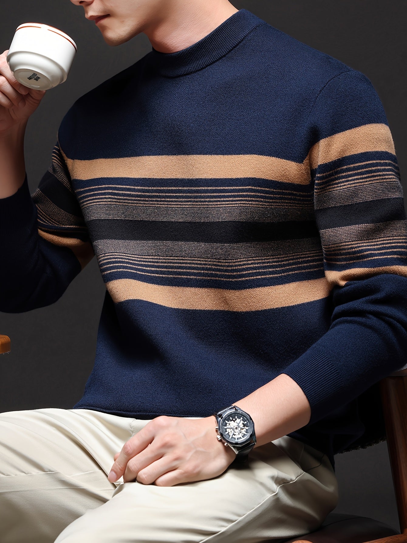 Men's Navy Blue & Brown Striped Sweater - Heavyweight Winter Pullover with Beige/ Tones, Round Neck Long Sleeve Casual & Outdoor Wear, Fish Tail Hem, Multi-Season /Christmas/Father’s Day Sweater (Regular Fit)