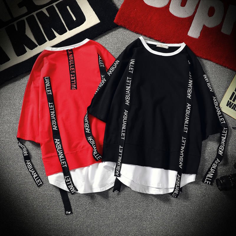 Black Solid Tag Band Letter T-shirt Tops Tees Male Fashion Casual Hip Hop Streetwear Short Sleeve Men Red Fake Two Pieces-4