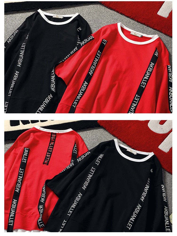 Black Solid Tag Band Letter T-shirt Tops Tees Male Fashion Casual Hip Hop Streetwear Short Sleeve Men Red Fake Two Pieces-1