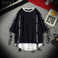 Black Solid Tag Band Letter T-shirt Tops Tees Male Fashion Casual Hip Hop Streetwear Short Sleeve Men Red Fake Two Pieces-5