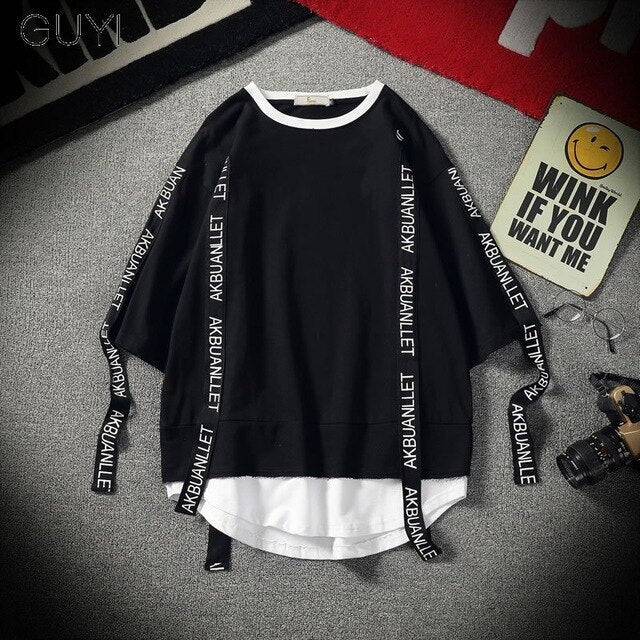 Black Solid Tag Band Letter T-shirt Tops Tees Male Fashion Casual Hip Hop Streetwear Short Sleeve Men Red Fake Two Pieces-5