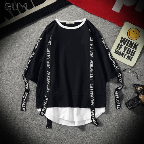Black Solid Tag Band Letter T-shirt Tops Tees Male Fashion Casual Hip Hop Streetwear Short Sleeve Men Red Fake Two Pieces-0