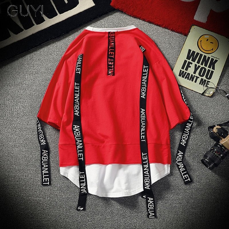 Black Solid Tag Band Letter T-shirt Tops Tees Male Fashion Casual Hip Hop Streetwear Short Sleeve Men Red Fake Two Pieces-2