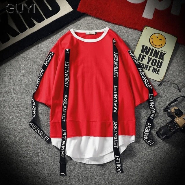 Black Solid Tag Band Letter T-shirt Tops Tees Male Fashion Casual Hip Hop Streetwear Short Sleeve Men Red Fake Two Pieces-6