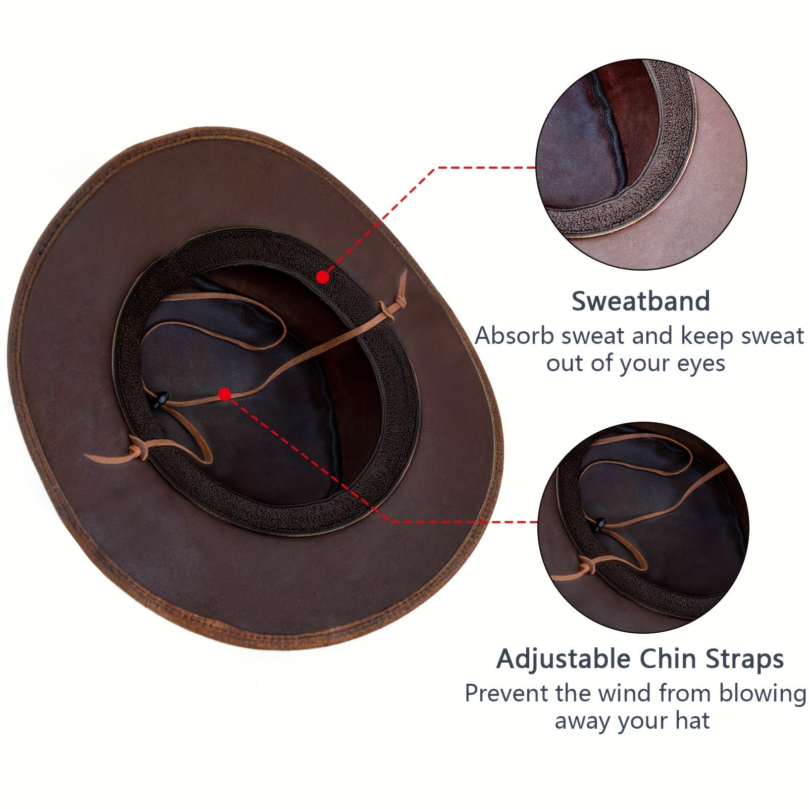 Genuine Top-Grain Leather Cowboy Hat for Men & Women - Vintage Western Australian Style with Shapeable Wide Brim, Sun Protection & High Quality, Adjustable Chin Strap & Breathable High Crown - Brown Unisex Adult Hat for Rodeo