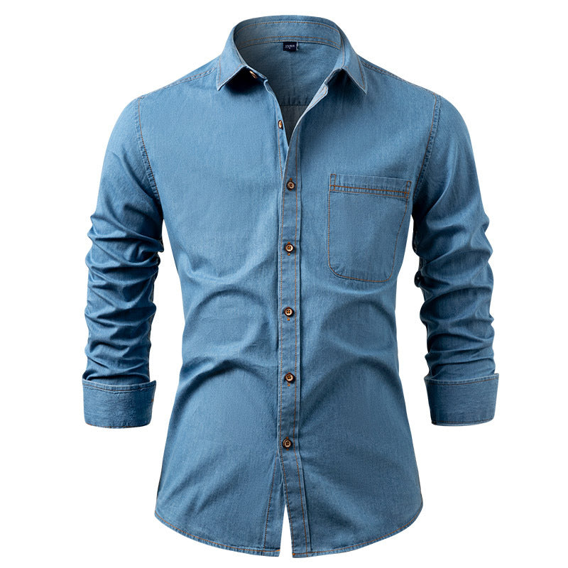Men's Heavy-Duty Pure Cotton Denim Shirt Jacket - No-Iron Solid Blue Long Sleeve Button-Up Casual Coat, Western Style Collar & Single-Breasted Button Front for Spring/Fall Layering (Regular Fit) - Versatile Outdoor & Formal W