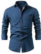 Men's Heavy-Duty Pure Cotton Denim Shirt Jacket - No-Iron Solid Blue Long Sleeve Button-Up Casual Coat, Western Style Collar & Single-Breasted Button Front for Spring/Fall Layering (Regular Fit) - Versatile Outdoor & Formal W
