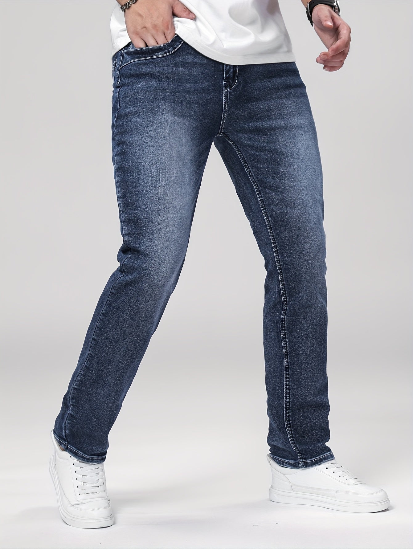 Men'S Skinny Stretch Faux Denim - Dark Blue Skinny Fit Faux Denim with Washed Look, All-Season Comfort, Straight Leg Fit for Casual & Formal Wear