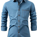 Men's Heavy-Duty Pure Cotton Denim Shirt Jacket - No-Iron Solid Blue Long Sleeve Button-Up Casual Coat, Western Style Collar & Single-Breasted Button Front for Spring/Fall Layering (Regular Fit) - Versatile Outdoor & Formal W