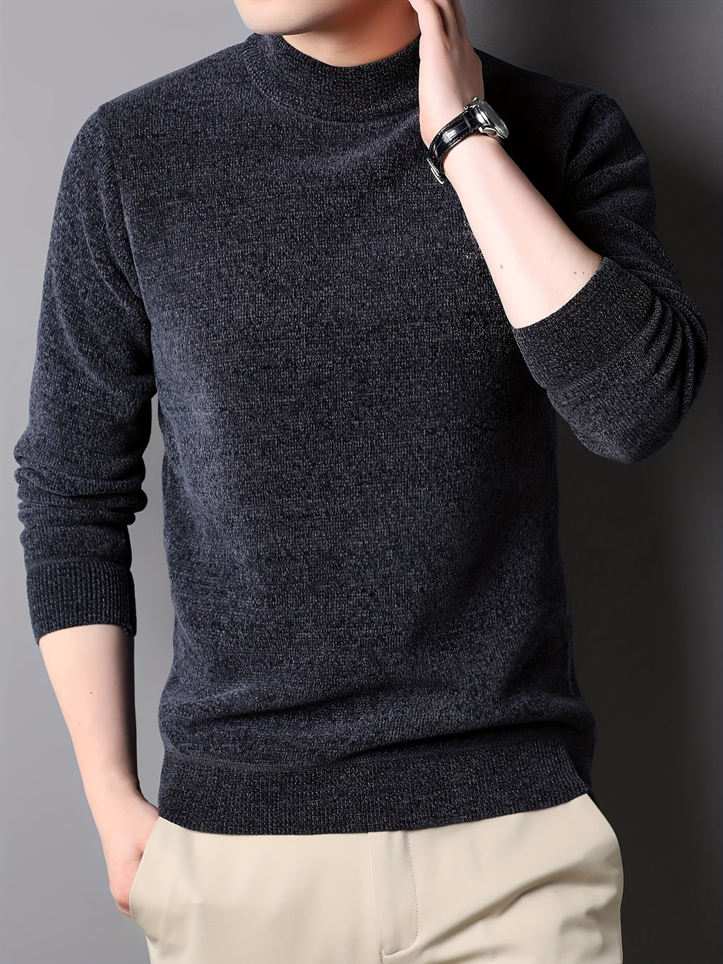 Men'S Autumn and Winter Casual Mid-Length Round Neck Knit Sweater - Semiguo