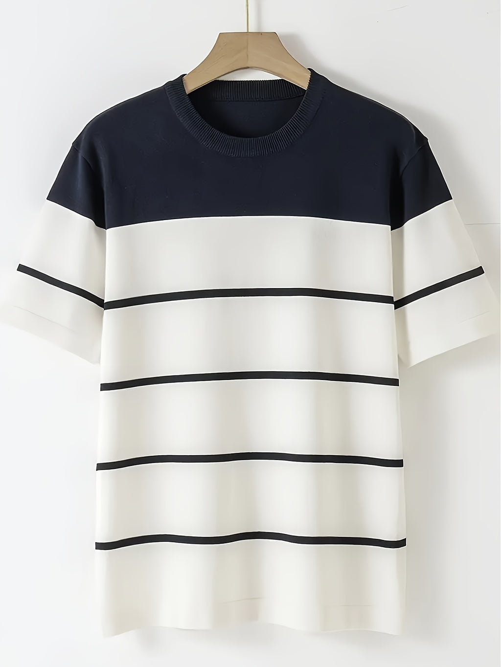 Men's Navy & White Horizontal Stripe Knit Sweater - Breathable Pullover Shirt, Regular Fit Casual Summer Top for Everyday & Formal Outfits, Medium Elasticity