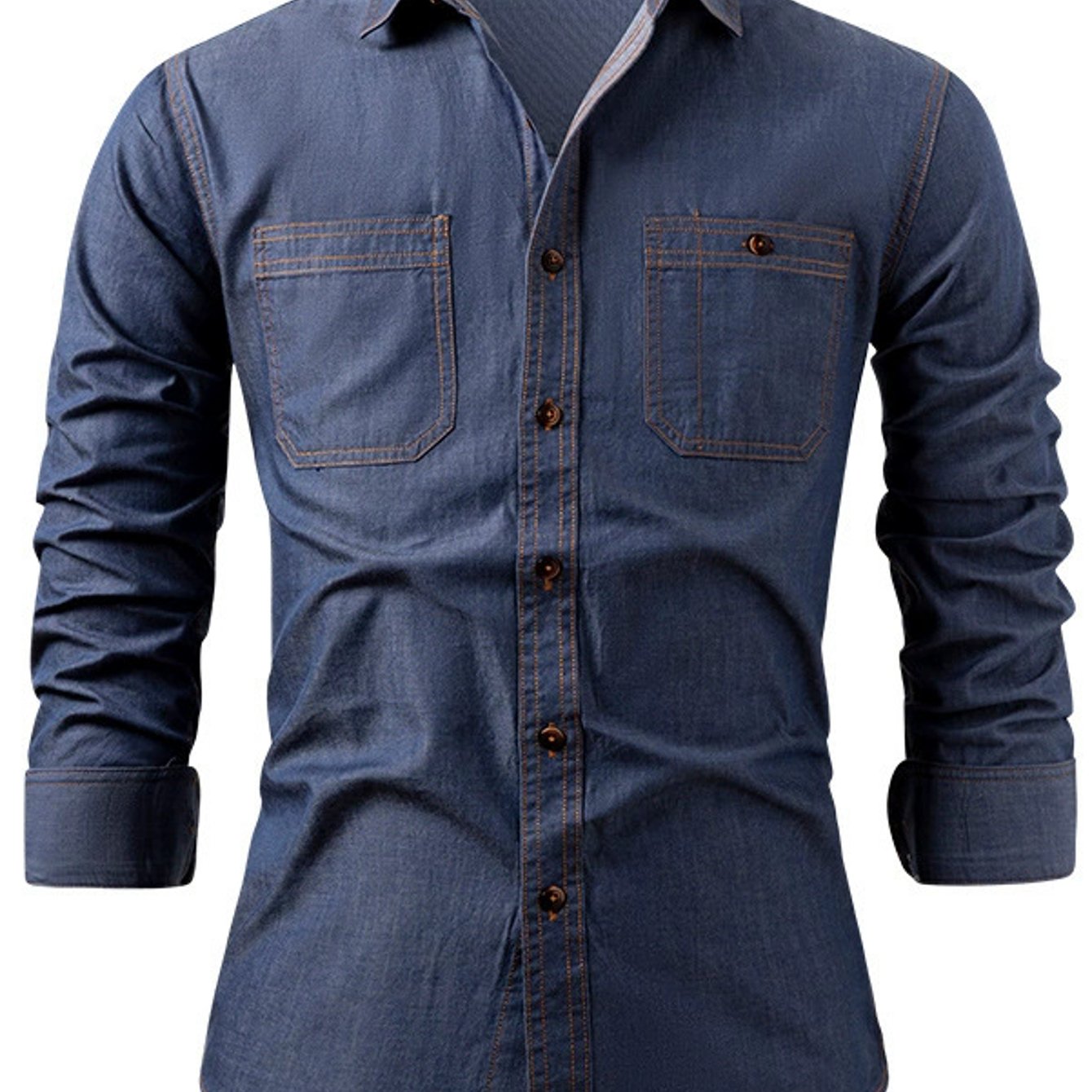 Men's Heavy-Duty Pure Cotton Denim Shirt Jacket - No-Iron Solid Blue Long Sleeve Button-Up Casual Coat, Western Style Collar & Single-Breasted Button Front for Spring/Fall Layering (Regular Fit) - Versatile Outdoor & Formal W