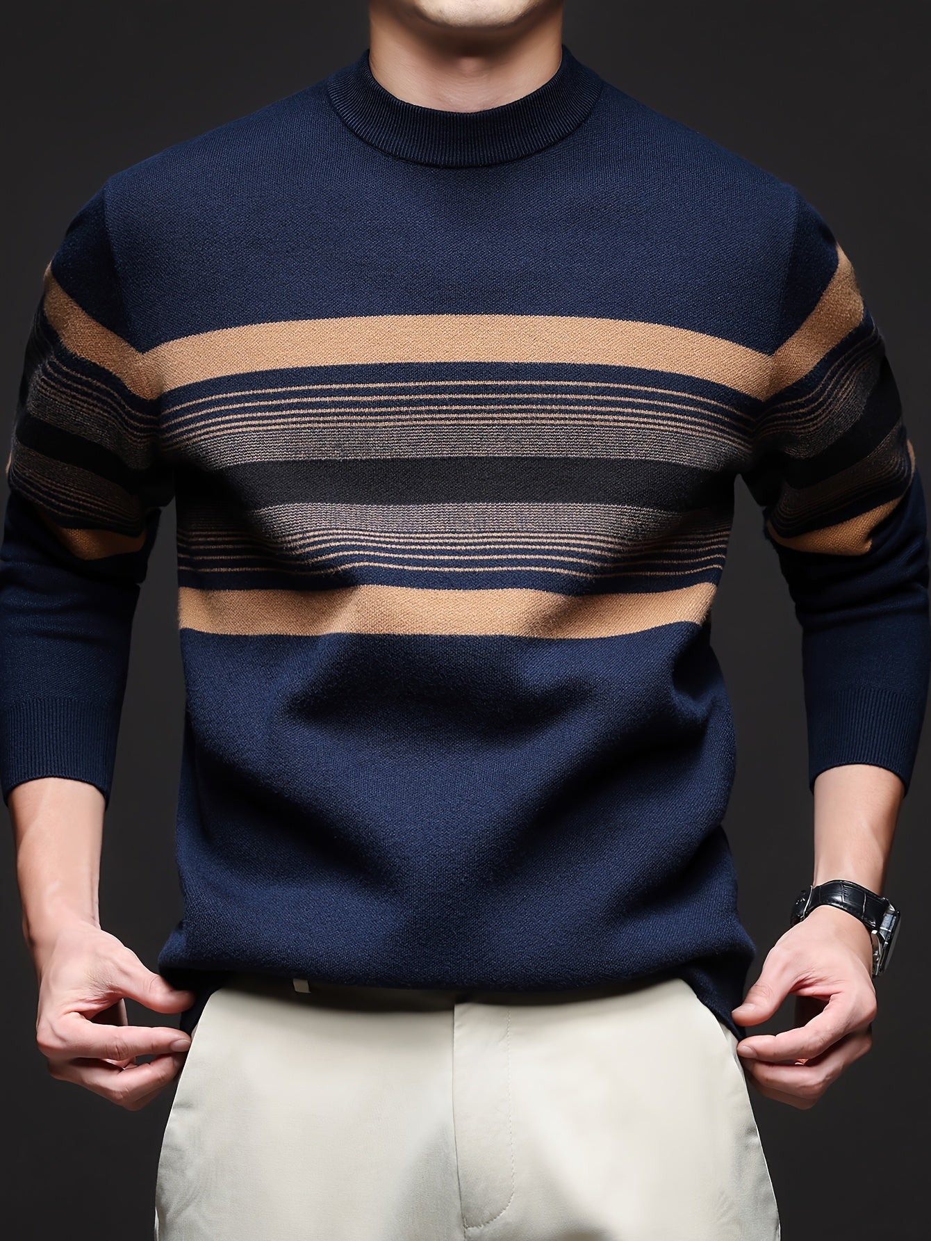 Men's Navy Blue & Brown Striped Sweater - Heavyweight Winter Pullover with Beige/ Tones, Round Neck Long Sleeve Casual & Outdoor Wear, Fish Tail Hem, Multi-Season /Christmas/Father’s Day Sweater (Regular Fit)