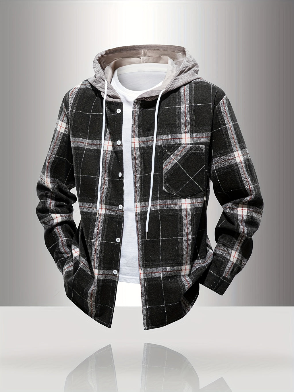 Men's Plaid Hooded Jacket with Shirt Collar & Button Front - Beige/Brown/Black/White Tartan Pattern, Chest Pocket, Non-Stretch Fabric - Casual Winter Coat for Fall & Winter Layering (Plaid Shirt Jacket)