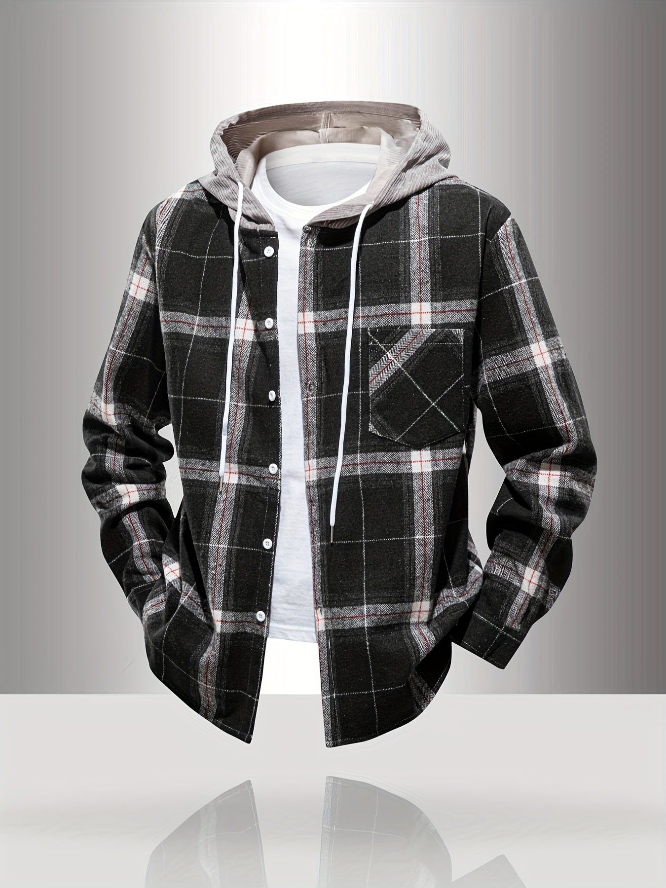 Men's Plaid Hooded Jacket with Shirt Collar & Button Front - Beige/Brown/Black/White Tartan Pattern, Chest Pocket, Non-Stretch Fabric - Casual Winter Coat for Fall & Winter Layering (Plaid Shirt Jacket)