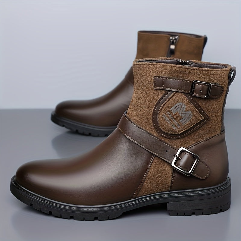 Men's Winter Full-Zip Chelsea Boots - British s with Buckle Strap & Buckles, Upper & Sole, Round Toe Short Ankle Booties for Outdoor, Casual, - Glossy Black (No-Collar Design)