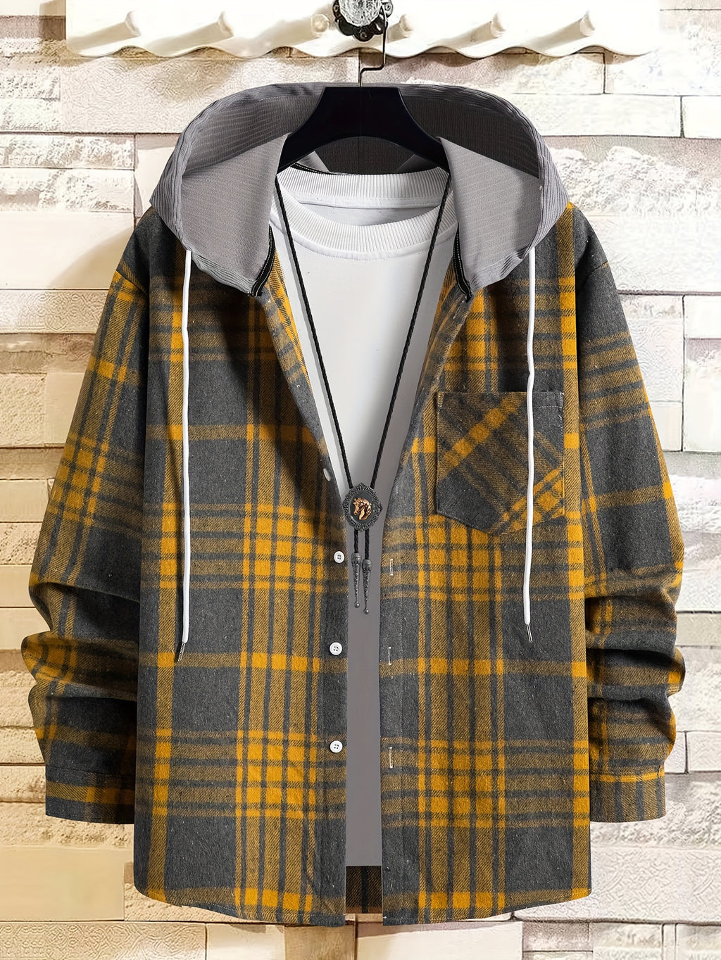 Men's Plaid Shirt Jacket with Hood - Black/White/Gray Tartan Pattern, Collar & Chest Pocket - Winter Warm Coat, Button-Front Blazer for Casual & Smart-Casual Wear (Non-Stretch Woven Fabric)