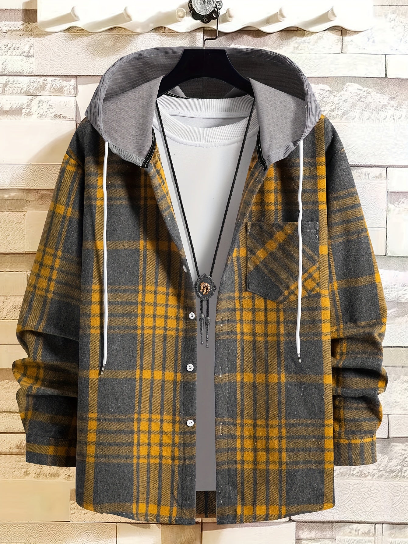 Men's Plaid Shirt Jacket with Hood - Black/White/Gray Tartan Pattern, Collar & Chest Pocket - Winter Warm Coat, Button-Front Blazer for Casual & Smart-Casual Wear (Non-Stretch Woven Fabric)