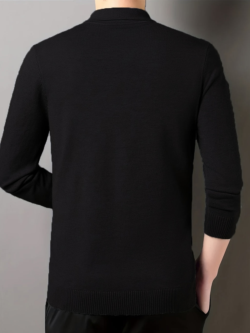 SENMEIGUO Men'S Slim-Fit Classic Collar Knit Sweater Shirt - Solid Black Long Sleeve Winter Pullover with Chest Patches, Hand Wash/Dry Clean, Autumn & Winter Wardrobe Essential, Knit Button Up Sweater, Sophisticated Layering,