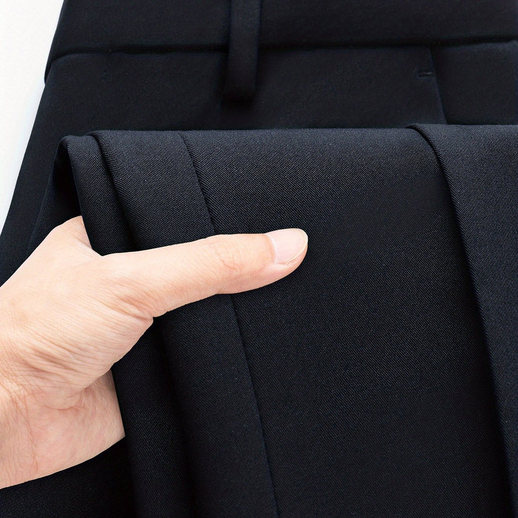 Men's Straight-Leg Dress Pants - Mid-Rise Zipper Closure Trousers, Beltless Design with Internal Adjuster, Wrinkle-Resistant Black/Charcoal Grey for Business Casual & Formal Wear, Machine Washable (No Dryer)