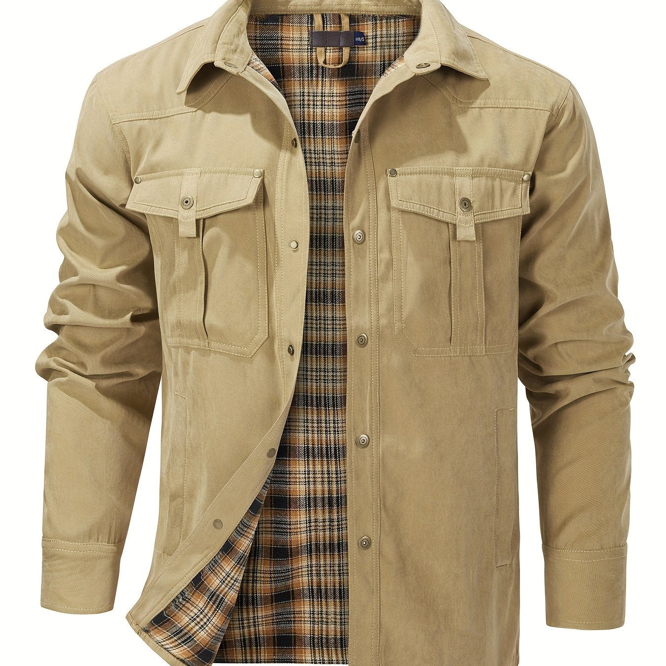 Men'S Fashion Casual Solid Color Plaid Cargo Jacket