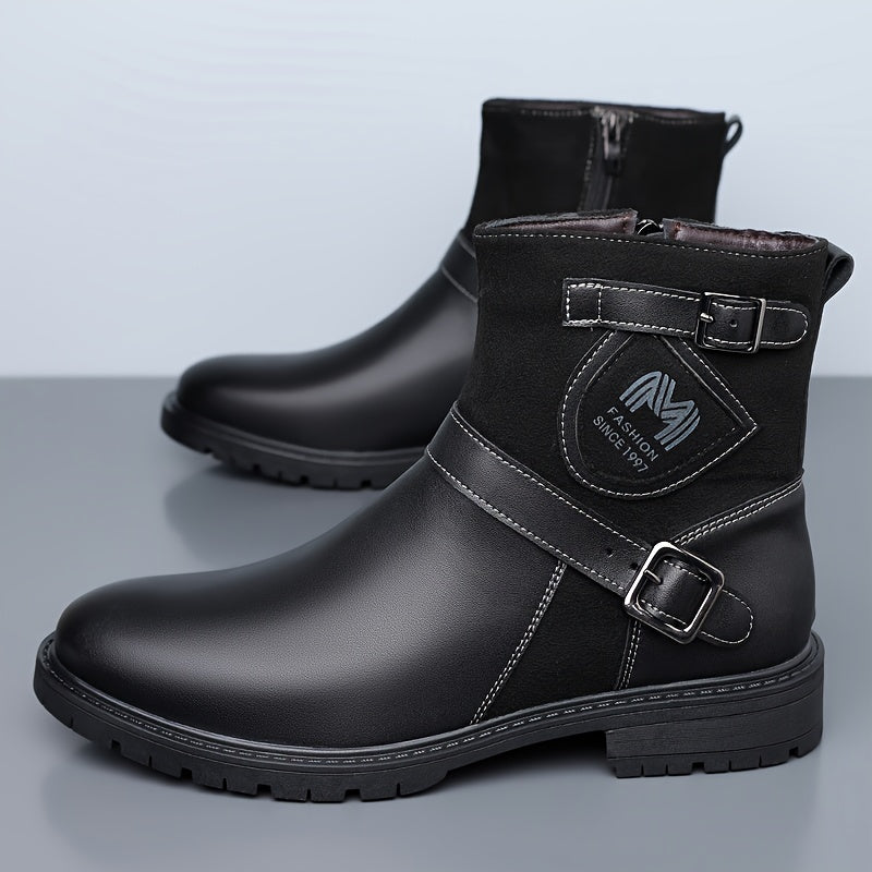 Men's Winter Full-Zip Chelsea Boots - British s with Buckle Strap & Buckles, Upper & Sole, Round Toe Short Ankle Booties for Outdoor, Casual, - Glossy Black (No-Collar Design)