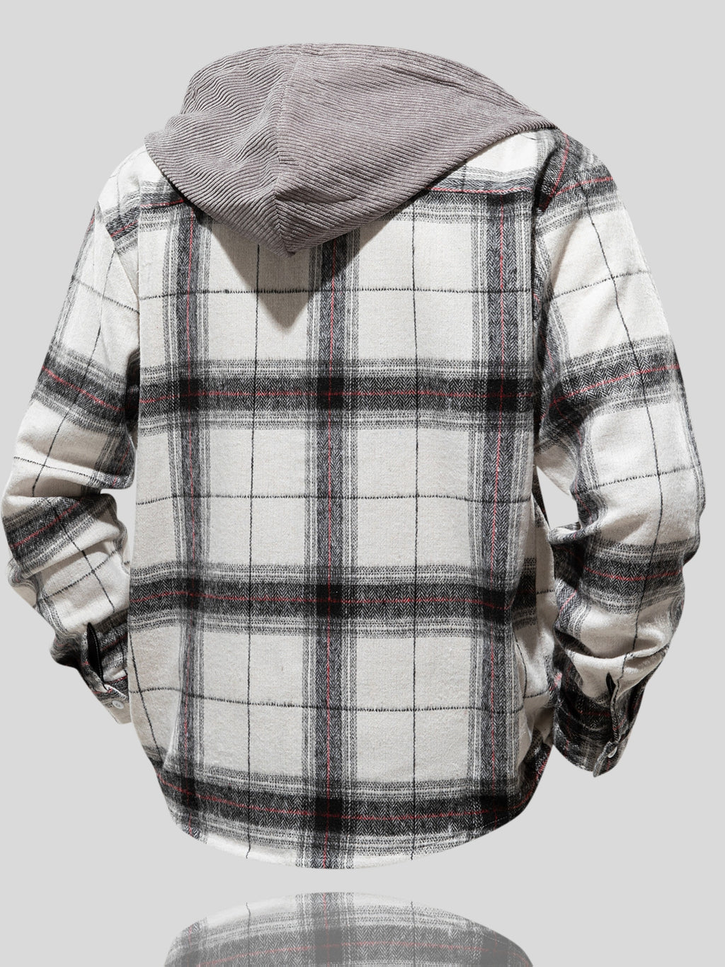 Men's Plaid Hooded Jacket with Shirt Collar & Button Front - Beige/Brown/Black/White Tartan Pattern, Chest Pocket, Non-Stretch Fabric - Casual Winter Coat for Fall & Winter Layering (Plaid Shirt Jacket)