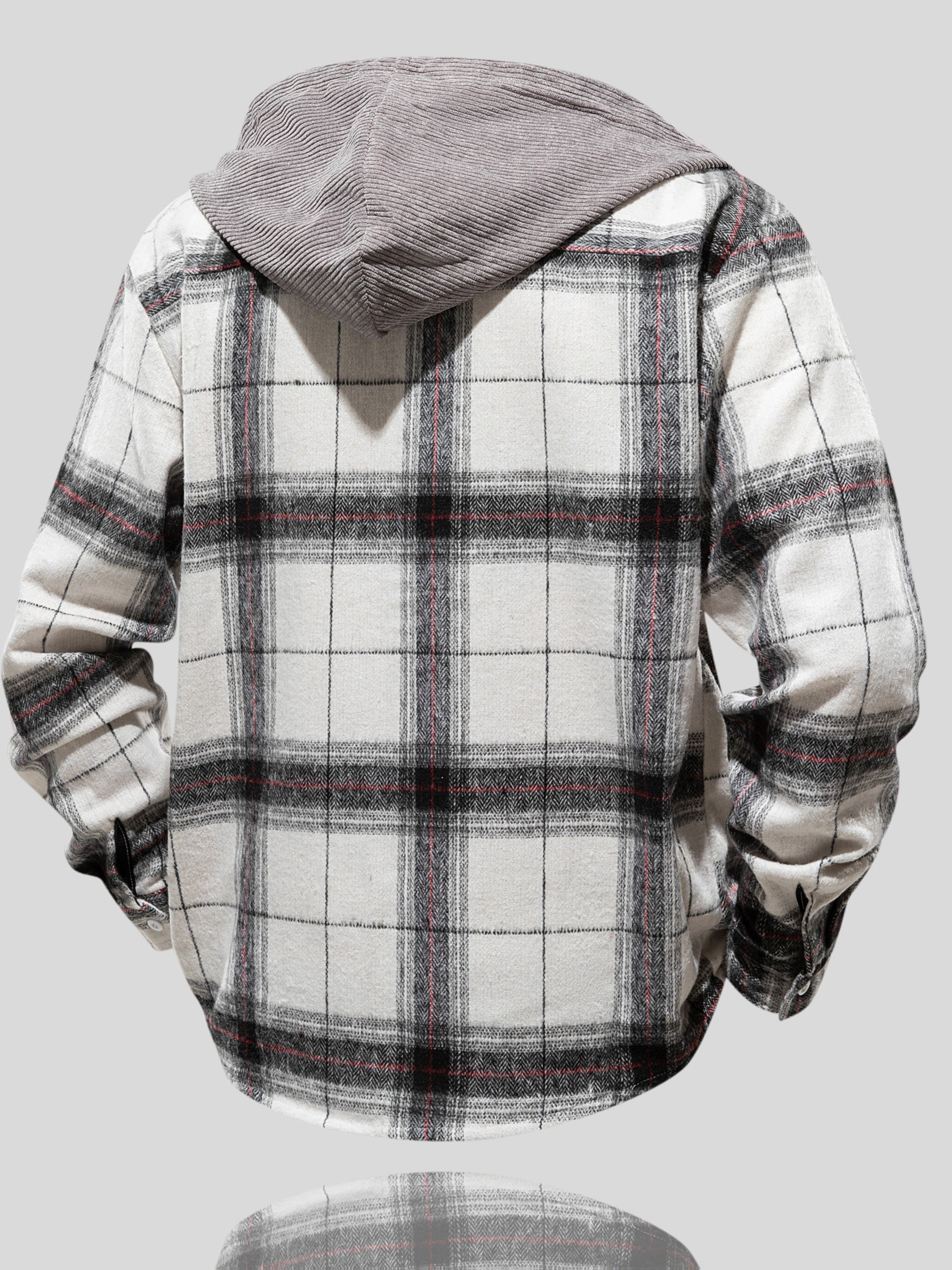 Men's Plaid Hooded Jacket with Shirt Collar & Button Front - Beige/Brown/Black/White Tartan Pattern, Chest Pocket, Non-Stretch Fabric - Casual Winter Coat for Fall & Winter Layering (Plaid Shirt Jacket)