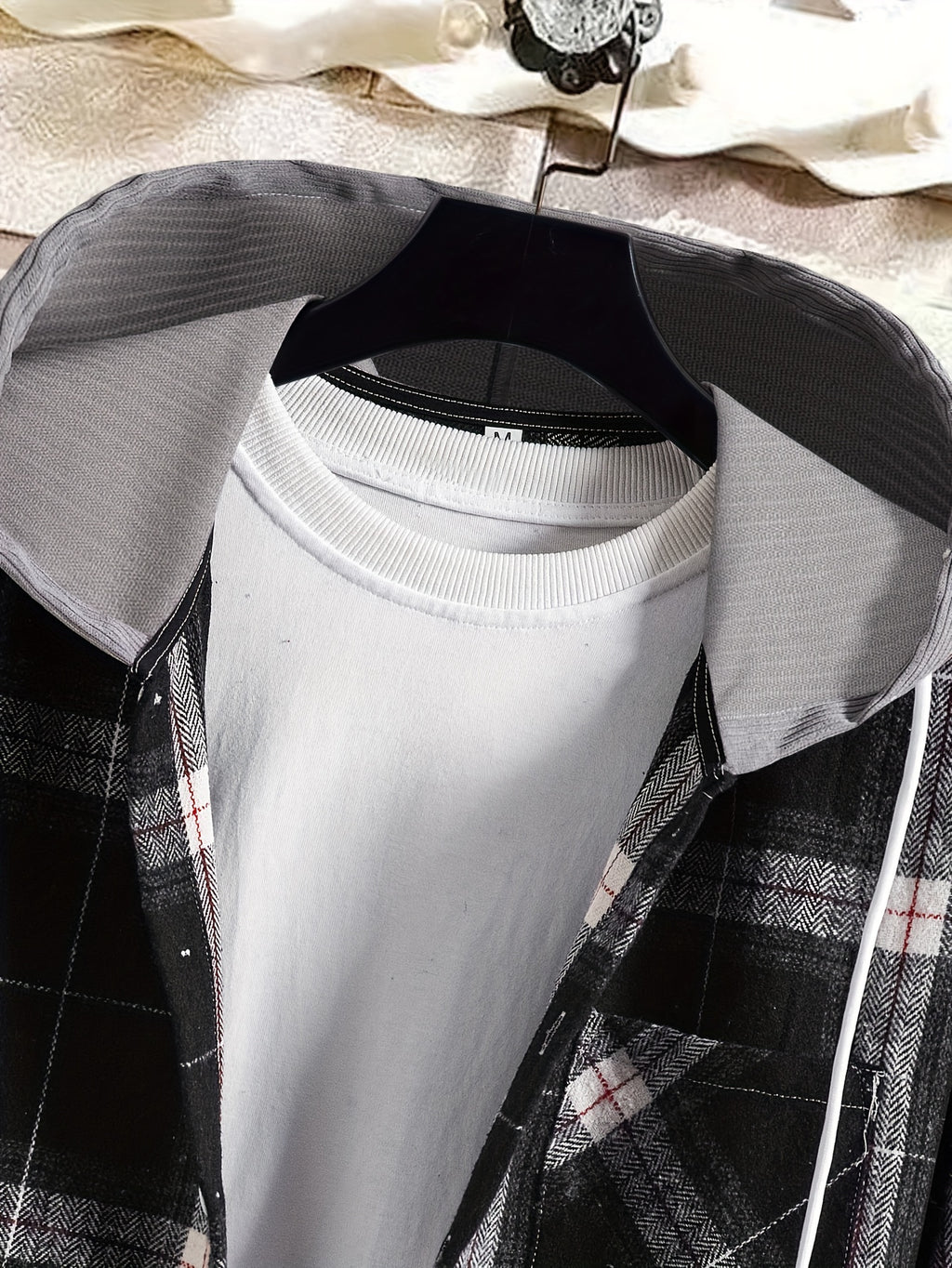 Men's Plaid Hooded Jacket with Shirt Collar & Button Front - Beige/Brown/Black/White Tartan Pattern, Chest Pocket, Non-Stretch Fabric - Casual Winter Coat for Fall & Winter Layering (Plaid Shirt Jacket)