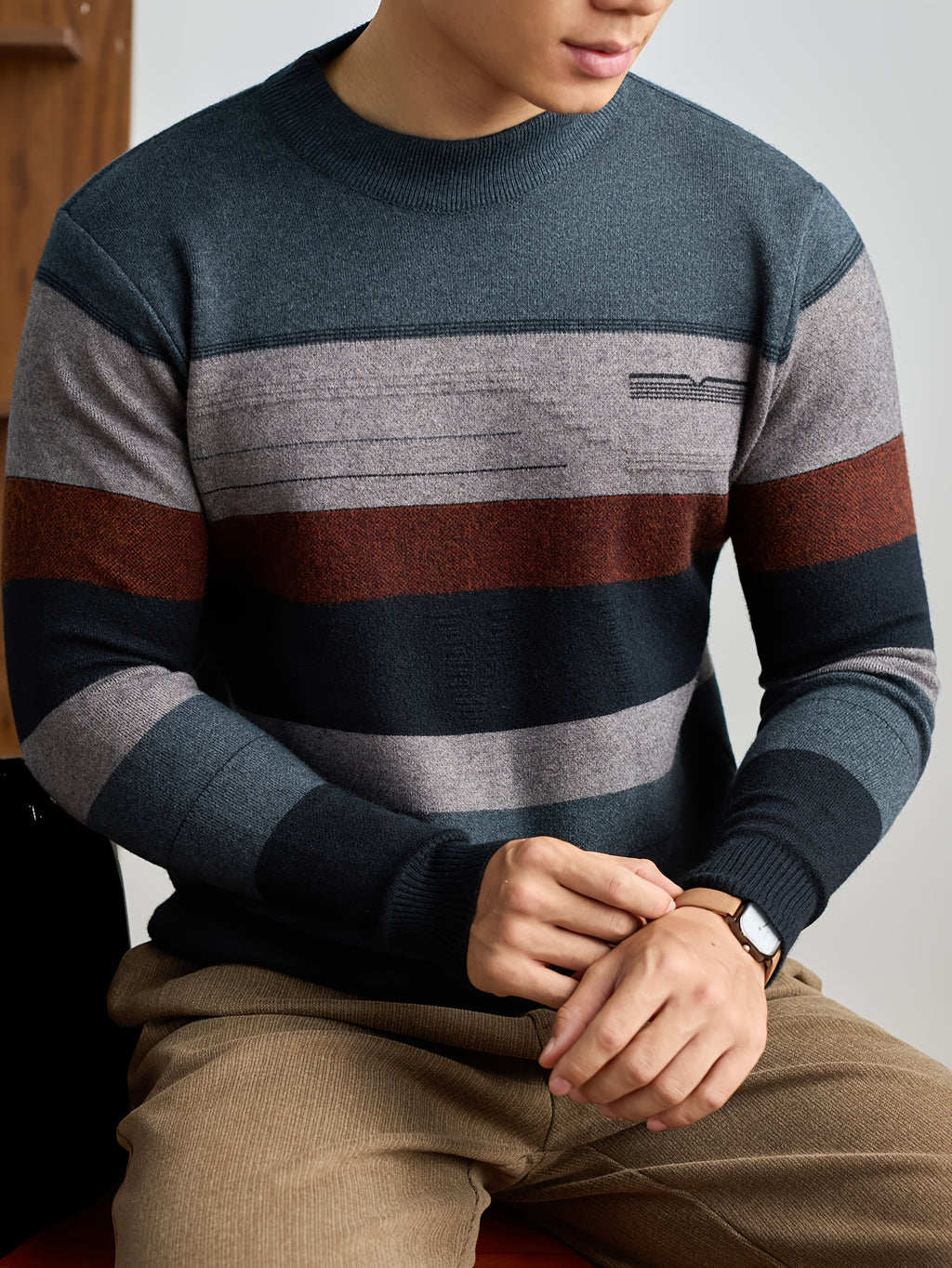 Men'S Thick Knit Sweater - Horizontal Striped Pullover Sweater in Dark Blue/Gray/Red/Black/, Long Sleeve Round Neck Sweater for Fall Winter, Gym, Office, Formal Events - Non-Bulky Warm Sweater for Everyday & Special Occasions