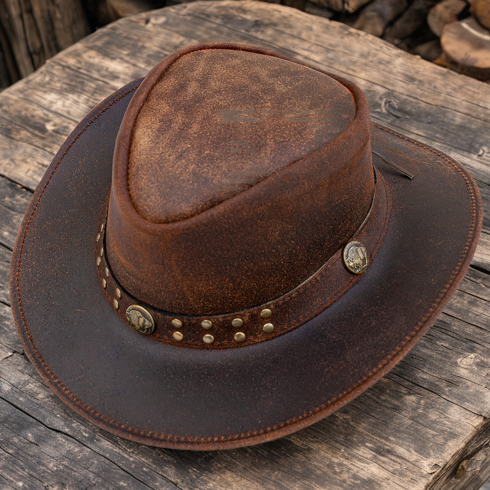 Genuine Top-Grain Leather Cowboy Hat for Men & Women - Vintage Western Australian Style with Shapeable Wide Brim, Sun Protection & High Quality, Adjustable Chin Strap & Breathable High Crown - Brown Unisex Adult Hat for Rodeo